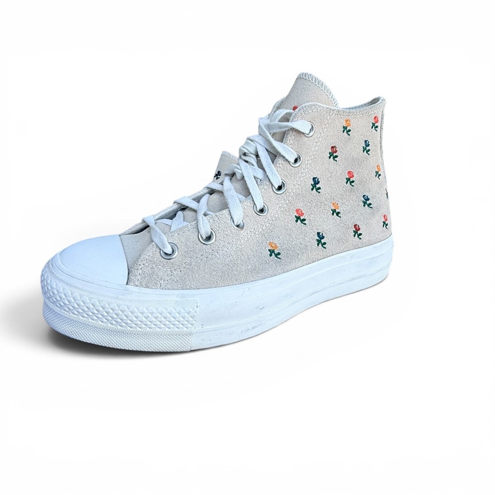 Converse Chuck Taylor All Star Lift Hi Platform Suede Floral Rose Sneakers Beige - Picture 6 of 16